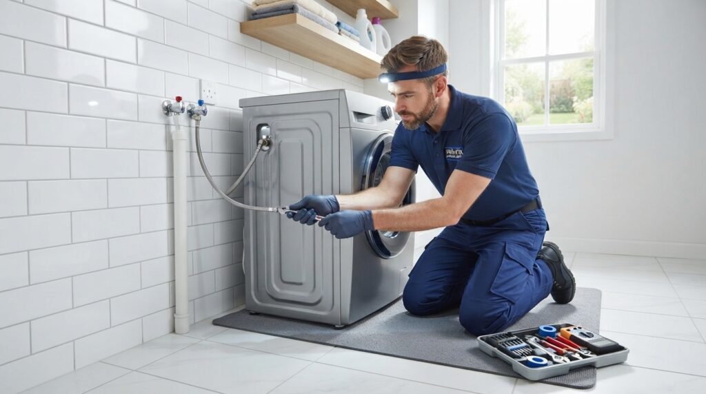 Branchement et mise en service d'un lave-linge par un installateur professionnel à Genève.
