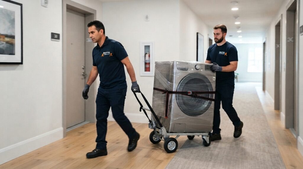 Transport sécurisé d'une machine à laver par des déménageurs professionnels de l'entreprise Botte à Genève.