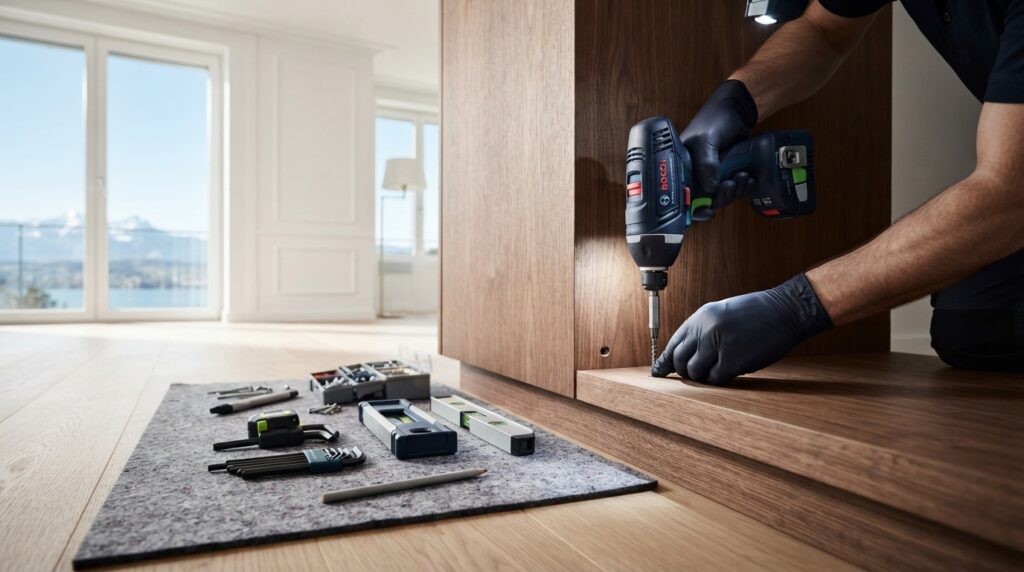 Technicien professionnel procédant au montage d'une armoire de dressing dans un appartement à Genève.