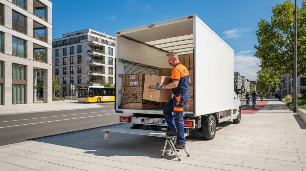 Déménageur Botte chargeant des cartons de meubles IKEA et Conforama dans un camion à Genève.